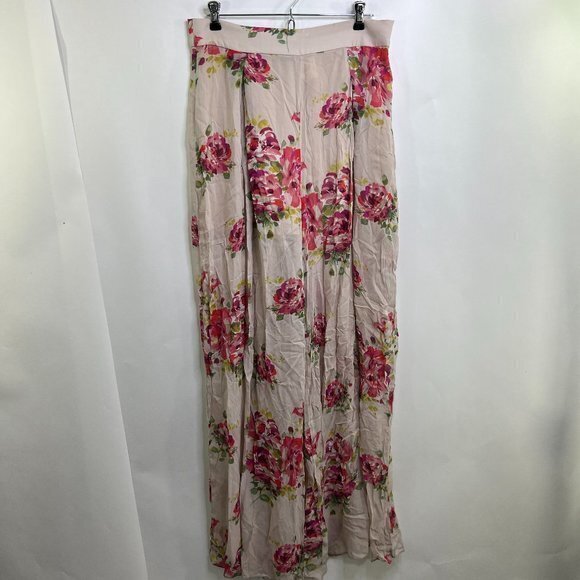Zara L Sheer Pants Wide Leg Pink Flowers Floral Palazzo Nude Blogger Favorite - Picture 2 of 16
